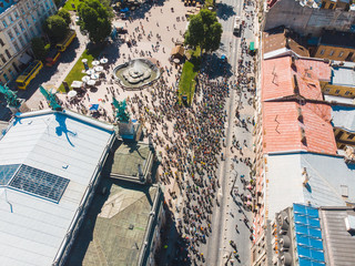 LVIV, UKRAINE – MAY 20, 2018: lviv bicycle day in center of the city. aerial view