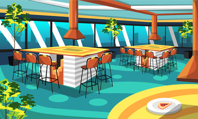 Clean Steak and Grilled Cafe Restaurant with Chair and Table, Pizza, Ice Cream Pancake Appetizer, Cup of Coffee for Vector Room Ideas