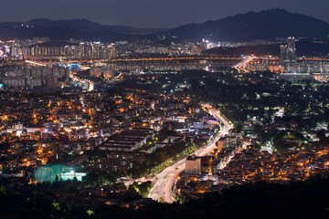 Scenic view of Seoul city at night, South Korea