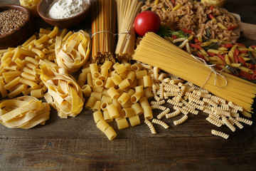 italian pasta and ingredients. Top view. Copy space.