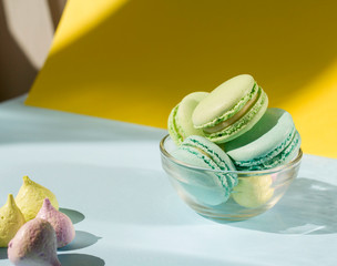 Different types of macaroons at daylight