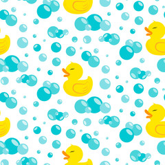 Rubber duck in soap bubbles. Seamless pattern.