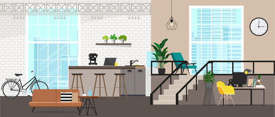 Modern interior design office. Workspace with large windows with an industrial view. Vector flat illustration. © marinadreams