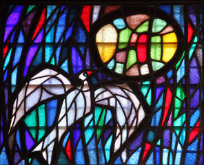 Holy Spirit Bird, stained glass, Cathedral of St Tryphon is an Roman Catholic cathedral in Kotor,...