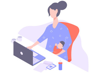 Young mother freelancer working at home on laptop. Making money, provides a family. Near her son asleep, a small cute child. On the table are documents, a telephone, coffee mugs, a baby bottle. 