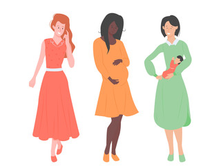 Group of girls friends. Pregnant with a bow on the tummy, with a baby and preparing to become a mother. Community moms. Characters of different races in full growth isolated on white background.