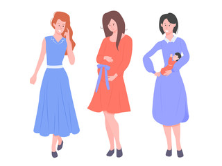 Group of girls friends. Pregnant with a bow on the tummy, with a baby and preparing to become a mother. Community moms, mutual aid and support. Characters in full growth isolated on white background.