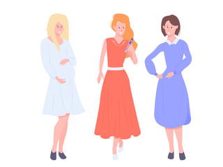 Group of girls friends. Three ladies. Pregnant, with a baby and preparing to become a mother. Positive pregnancy test. Community moms, mutual aid and support. Characters on a gentle blue background.