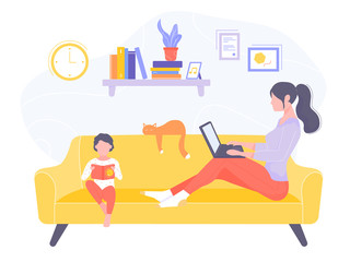 Mom and son in the living room are sitting on the couch. A woman works with a laptop online, the boy reads a book. Freelance, remote work, order fulfillment, making money. Illustration in the interior