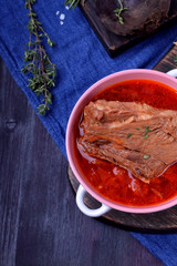 Borscht with beef. Traditional soup of Ukrainian and Russian cuisines