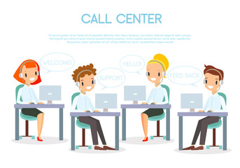 Naklejka na ściany i meble Vector illustration of call center operators in office working with laptops and in headphones. Smiling and happy call center workers at the working places. Customer service and support concept in flat