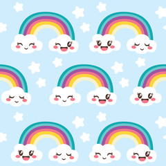 Illustration of colorful rainbow seamless pattern with happy cute clouds and blue background
