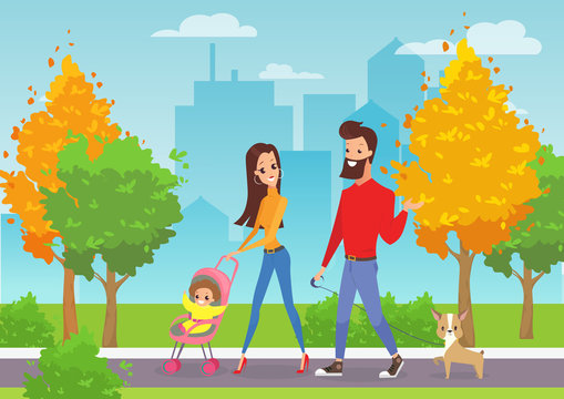 Vector illustration of happy young family with toddler walking in city park outdoor with modern cityscape background in cartoon flat style.