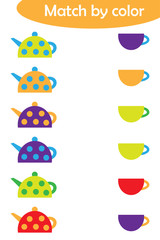 Matching game for children, connect colorful kettles with same color caps, preschool worksheet activity for kids, task for the development of logical thinking, vector illustration
