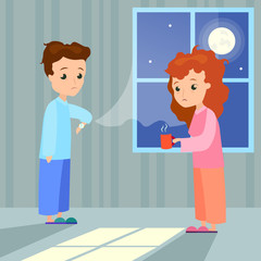 Vector illustration of insomnia concept. Woman with cup of water and man characters with insomnia or nightmare standing in night at home background. Sleepless female and male sick and tired persons