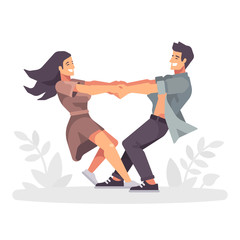 Romantic young couple holing hands and spinning around, forming a heart shape