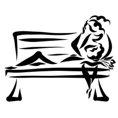 Young couple in love on a bench, a bouquet of flowers