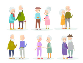 Vector illustration set of cute and nice old people couples in different situations and poses on white background. Old man and woman speaking and walking, smiling and standing together, old friends