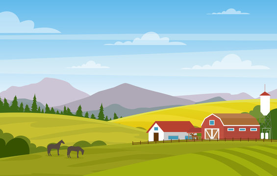 Vector illustration of rural landscape with farm. Horses in summer fields and pastures. Country landscape with mountains background.