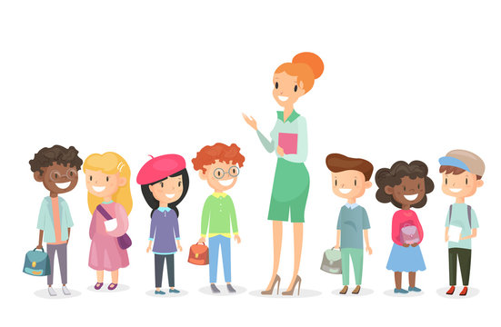 Vector illustration of schoolchildren group with teacher standing together. Boys and girls together with woman teacher on white background in cartoon flat style.