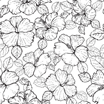 Seamless pattern black and white hibiscus flowers