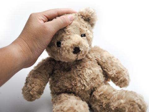 Hand Touch Head of Teddy Bear. Safety Concept. - Powered by Adobe