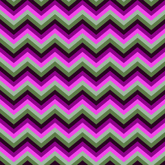 Seamless bright abstract pattern. Geometric zig zag print composed of zigzag lines purple, pink, green, gray colors.