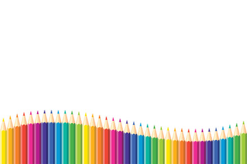 Seamless horizontal pattern Colored pencils arranged in a wave with copy space for note, text, on white background. Rainbow colors. Bright print.