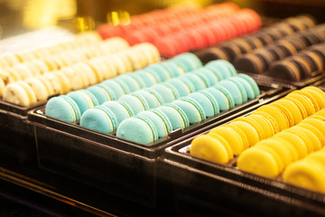 Colorful macaroons in the tray