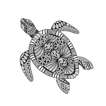 Isolated hand drawn black outline abstract ornate turtle on white background. Ornament of curve lines. Page of coloring book.