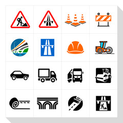 Vector illustration icons set of application symbols. Construction road-building equipment sign.