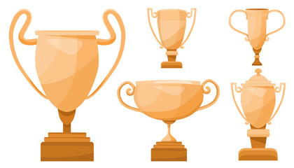 Set of gold, silver and bronze trophy cups. Winning concept. Vector flat illustration.