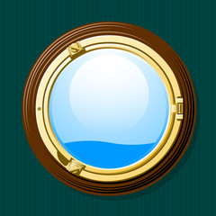 Vector illustration of golden and wood ship's porthole window.