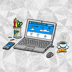 Doodle vector illustration of work place with seamless geometrical background. Laptop, phone, coffee, croissant, pencils.