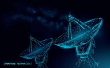 Polygonal radar antenna space defence abstract technology concept. Scanning detect military danger maneuver wireframe mesh 3D warfare. Satellite aiming vector illustration