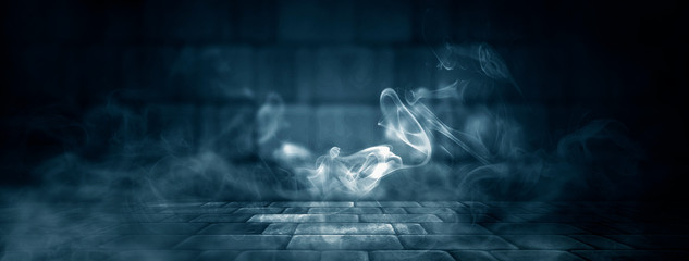 Background of an empty dark-black room. Empty brick walls, lights, smoke, glow, rays