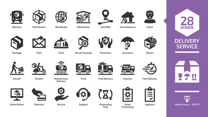 Fototapeta Delivery service glyph icon set with fast express package shipping, quick courier, cargo truck and van speed transport, online order and free box shipment silhouette symbols. obraz