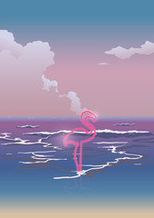 Neon flamingo and anime style beach simple background, nostalgic 80s