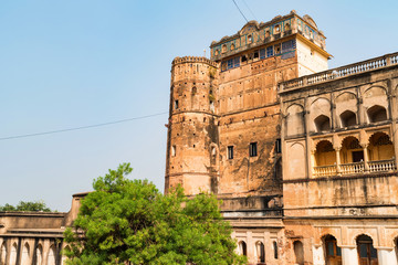 Outside view of Jahangir Mahal or Raja Palace walls Inside Orchha Fort Complex