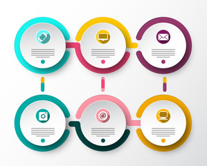 Six Steps Vector Paper Infographic Layout with Circles and Icons. Infographics Data Flow Design.