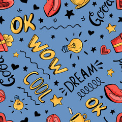 Seamless hand draw vector pattern on blue background.