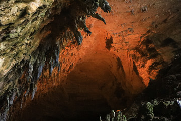 Stalactites and stalagmites on the inner walls of the Melissani cave located on the island of Kefalonia, northwest of Sami town, Ionian Islands region, Greece.