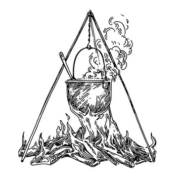 Pot On Fire. Cooking. Sketch. Engraving Style. Vector Illustration.