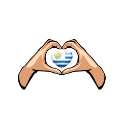 Uruguay flag and hand on white background. Vector illustration