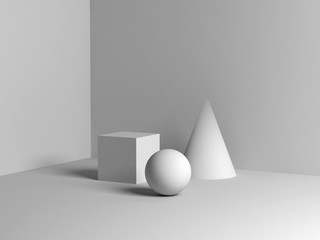 White primitive geometric shapes. 3d illustration