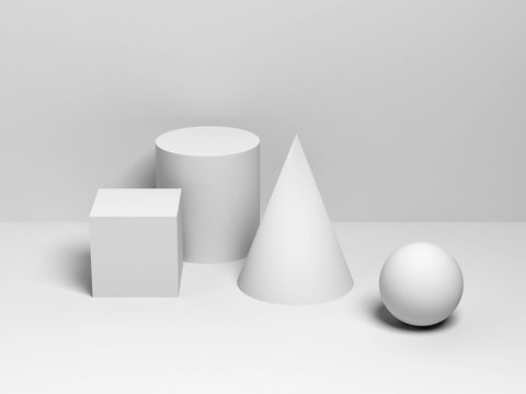 White primitive geometric shapes. 3d render