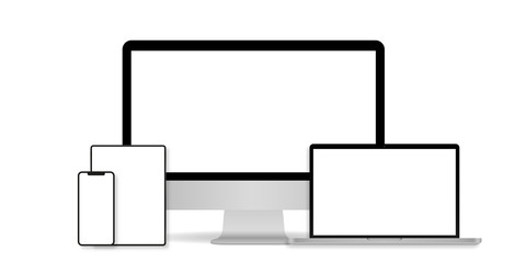 Set of device mockup realistic Computer, Laptop, Tablet and Mobile Phone