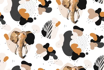 Tapeten Hand drawn vector abstract creative graphic artistic illustrations seamless collage pattern with sketch elephant drawing and tropical palm leaves in tribal mottif isolated on white background © anastasy_helter