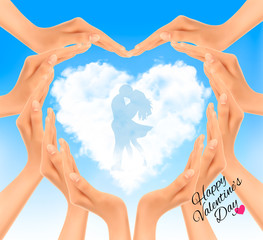 Valentine holiday background with heart cloud and hands. Vector.