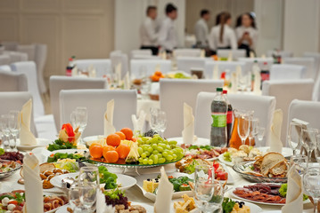 delicious dishes on the table in the restaurant. serving table.